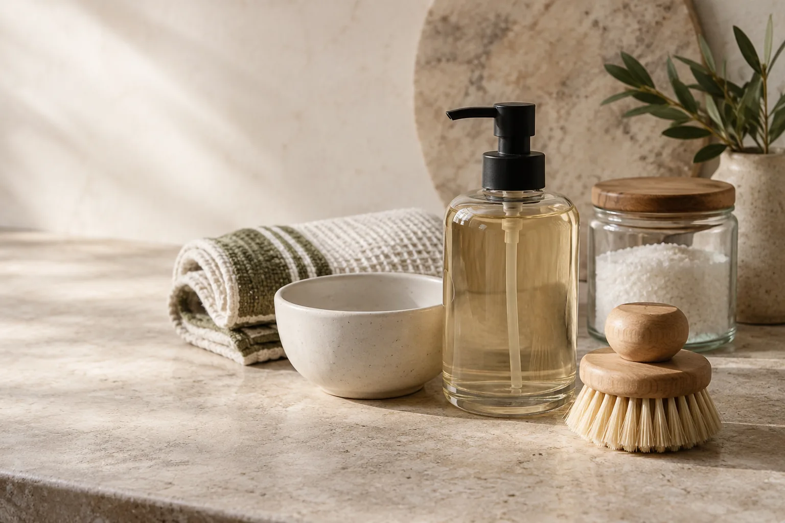 Everyday household objects arranged in warm natural light