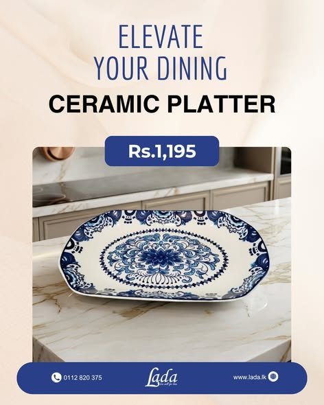Blue & White Ceramic Platter — Mandala Design