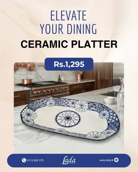 Blue & White Ceramic Platter — Floral & Geometric