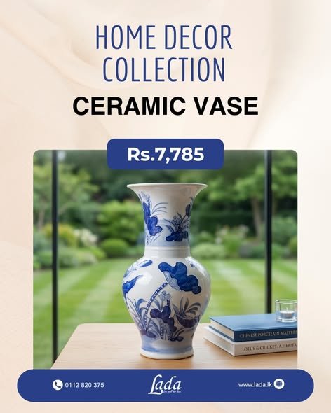 Blue & White Lotus Ceramic Vase — Flared Neck