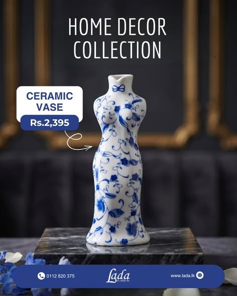 Blue & White Silhouette Ceramic Vase — Large Floral Pattern