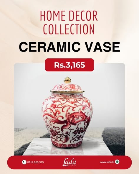 Red & White Lidded Ceramic Vase
