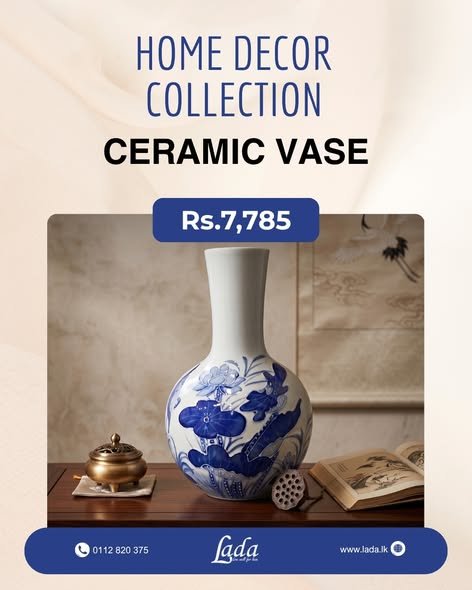 Blue & White Lotus Ceramic Vase — Narrow Neck