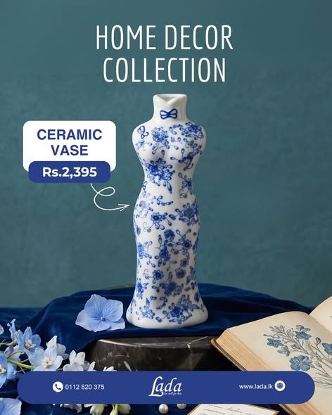 Blue & White Silhouette Ceramic Vase — Fine Floral Pattern