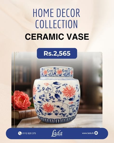 Coral & Blue Floral Ceramic Jar