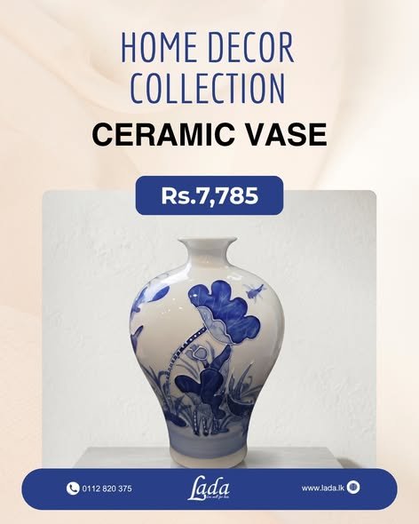 Blue & White Lotus Ceramic Vase — Short Neck