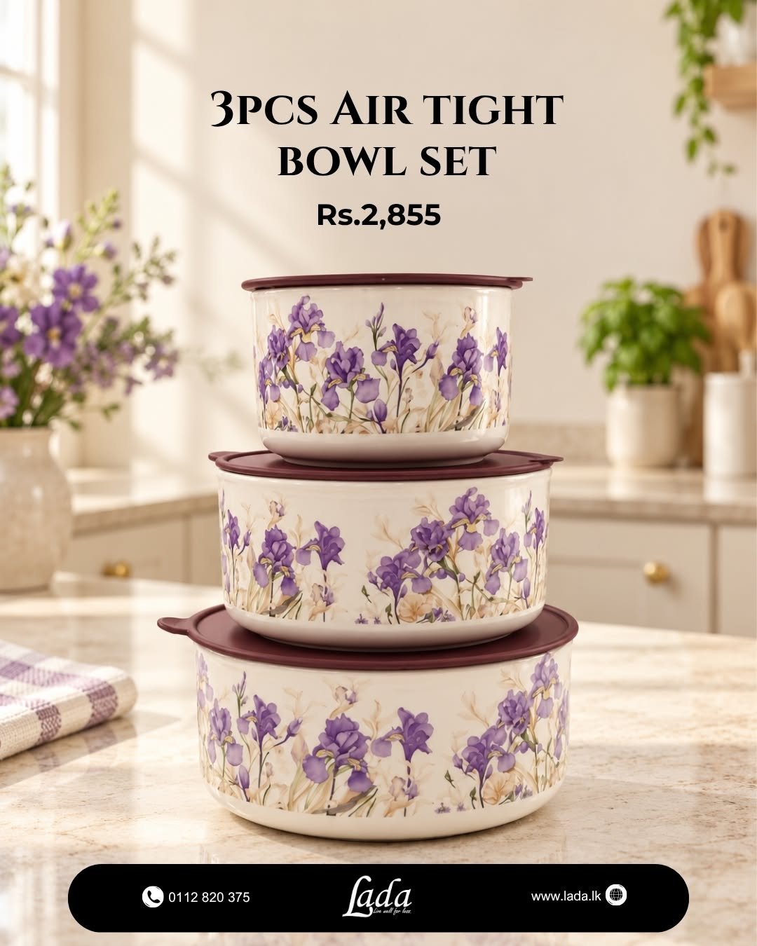 3-piece Airtight Bowl Set — Purple Floral — Facebook product photo