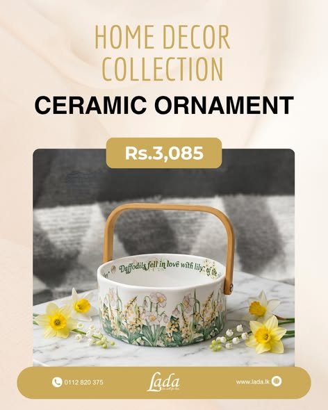 Floral Ceramic Basket with Wooden Handle