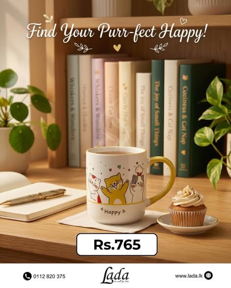 Cat-Themed Mug — Yellow Handle