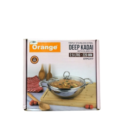 Orange Triply Stainless Steel Deep Kadai with Glass Lid 2.5L 22cm Diameter