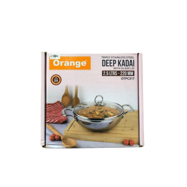 Orange Triply Stainless Steel Deep Kadai with Glass Lid 2.5L 22cm Diameter