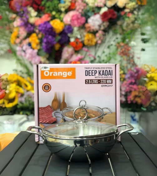 Orange Triply Stainless Steel Deep Kadai with Glass Lid 2.5L 22cm Diameter